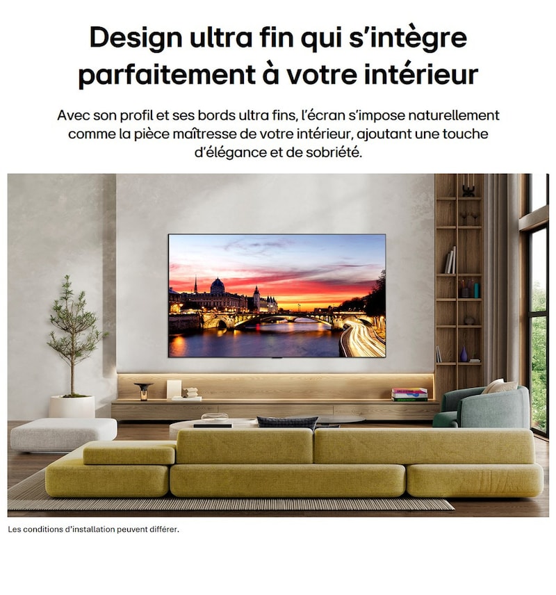 LG OLED evo AI C6 est fixé au mur dans un espace de vie élégant, avec un design ultra fin avec des cadres étroits et affiche un paysage urbain au bord de la rivière au coucher du soleil à l’écran. 